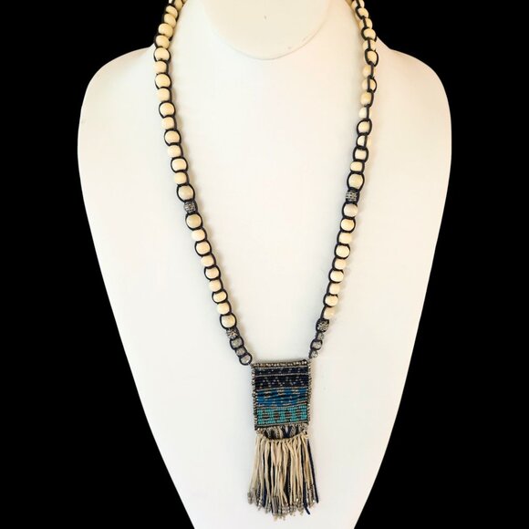 Chico's Boho Beaded Necklace Tassel Pendant Ethnic Wood Acrylic Cream Blue Green - Picture 1 of 11